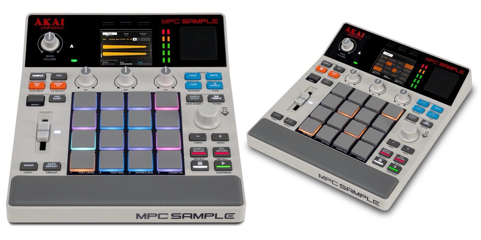 Akai MPC Sample top view showing 16 RGB drum pads, three knobs, fader and color screen
